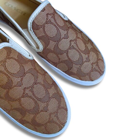 Coach Chrissy Sneakers 9.5 Beige Brown Jacquard Signature C Slip-On Shoes Loafer - Picture 4 of 11